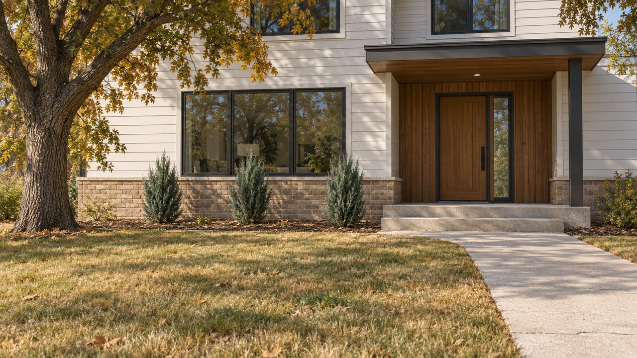 An autumn lawn and mature oak frame a home with warm siding, cedar entry, sand-colored brick and charcoal-framed windows.