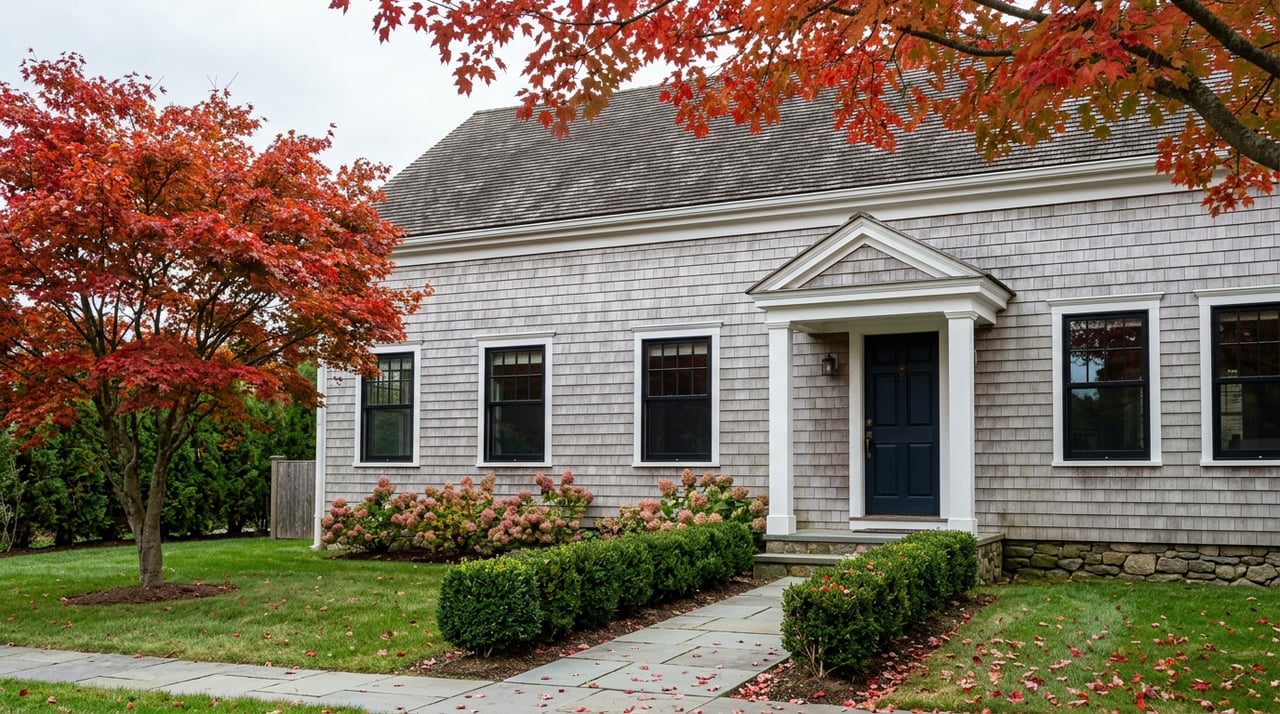 Coastal shingle-style home with a navy door, bluestone path, boxwood hedge, and red Japanese maple.