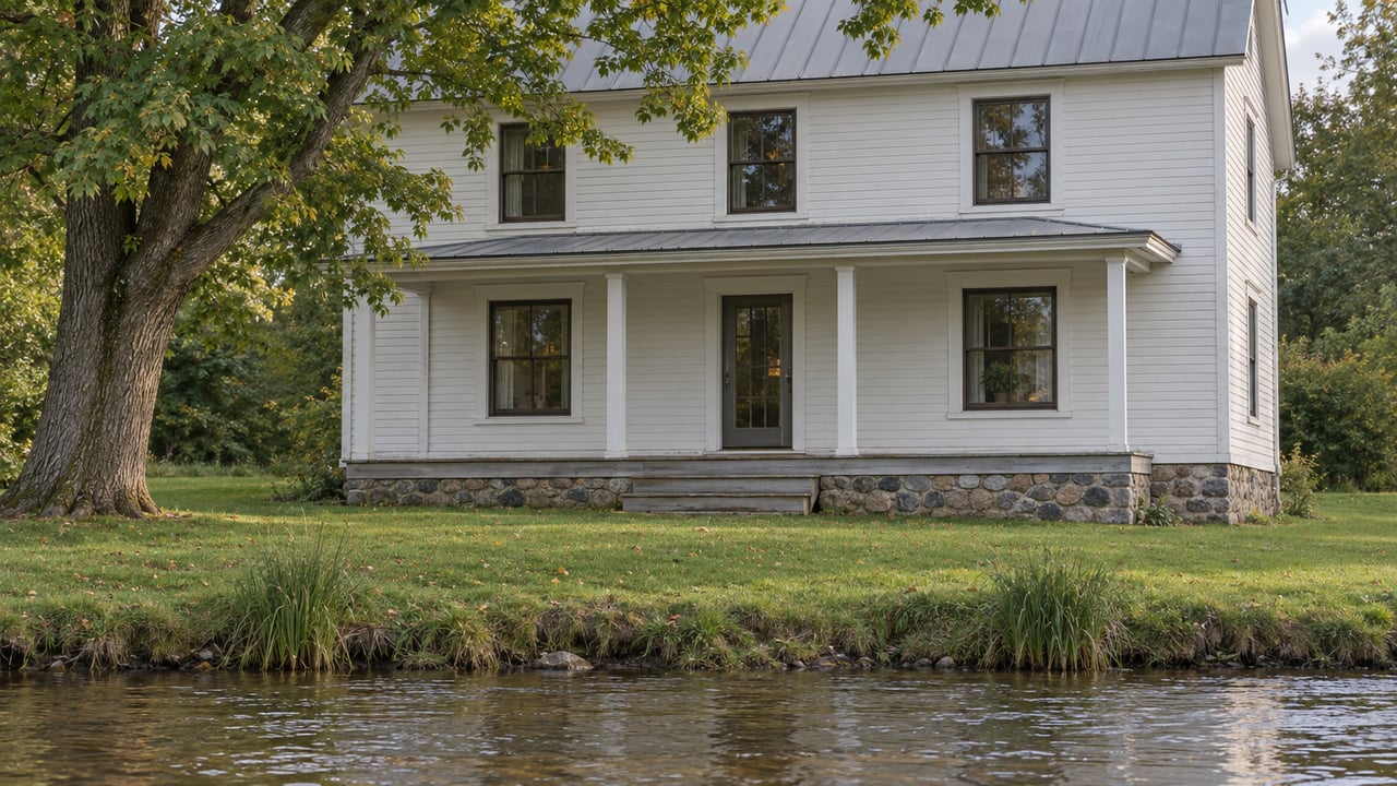 A warm-white clapboard house with a shallow porch stands beside a rippling river, shaded by a large tree.