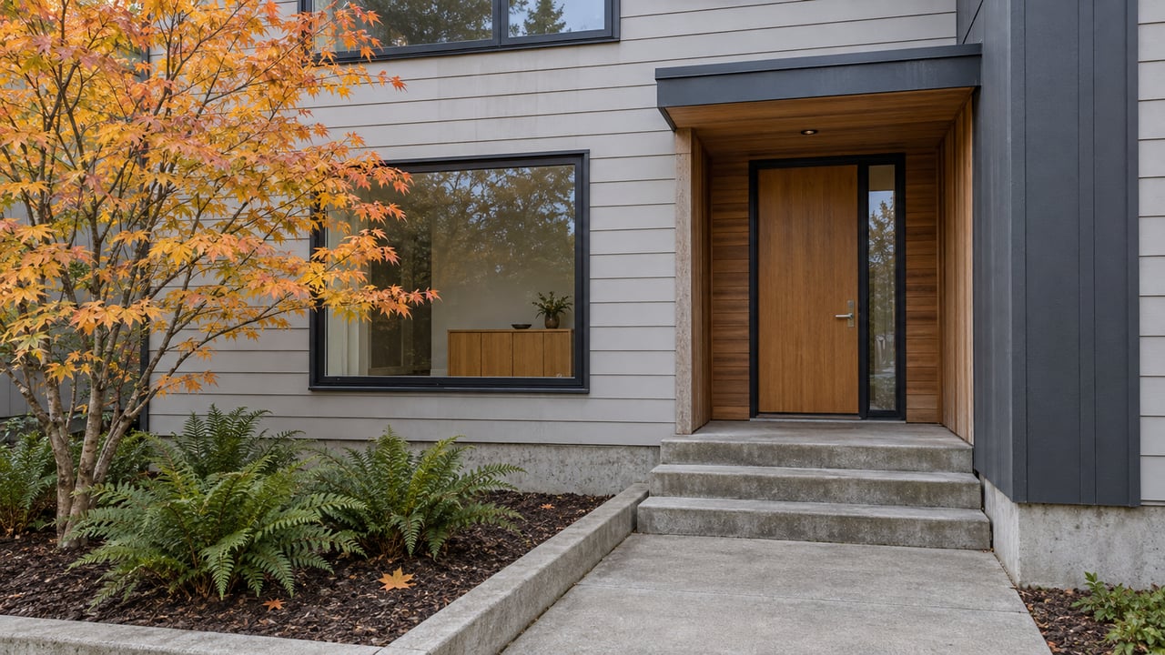 Contemporary residential entry with gray lap siding, cedar recess, concrete steps and autumn vine maple beside sword ferns.