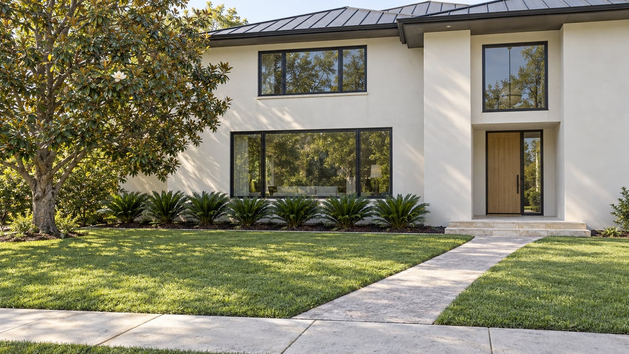 Contemporary two-story stucco home beyond a deep lawn, with charcoal window frames, a recessed wood entry, and a mature magnolia.