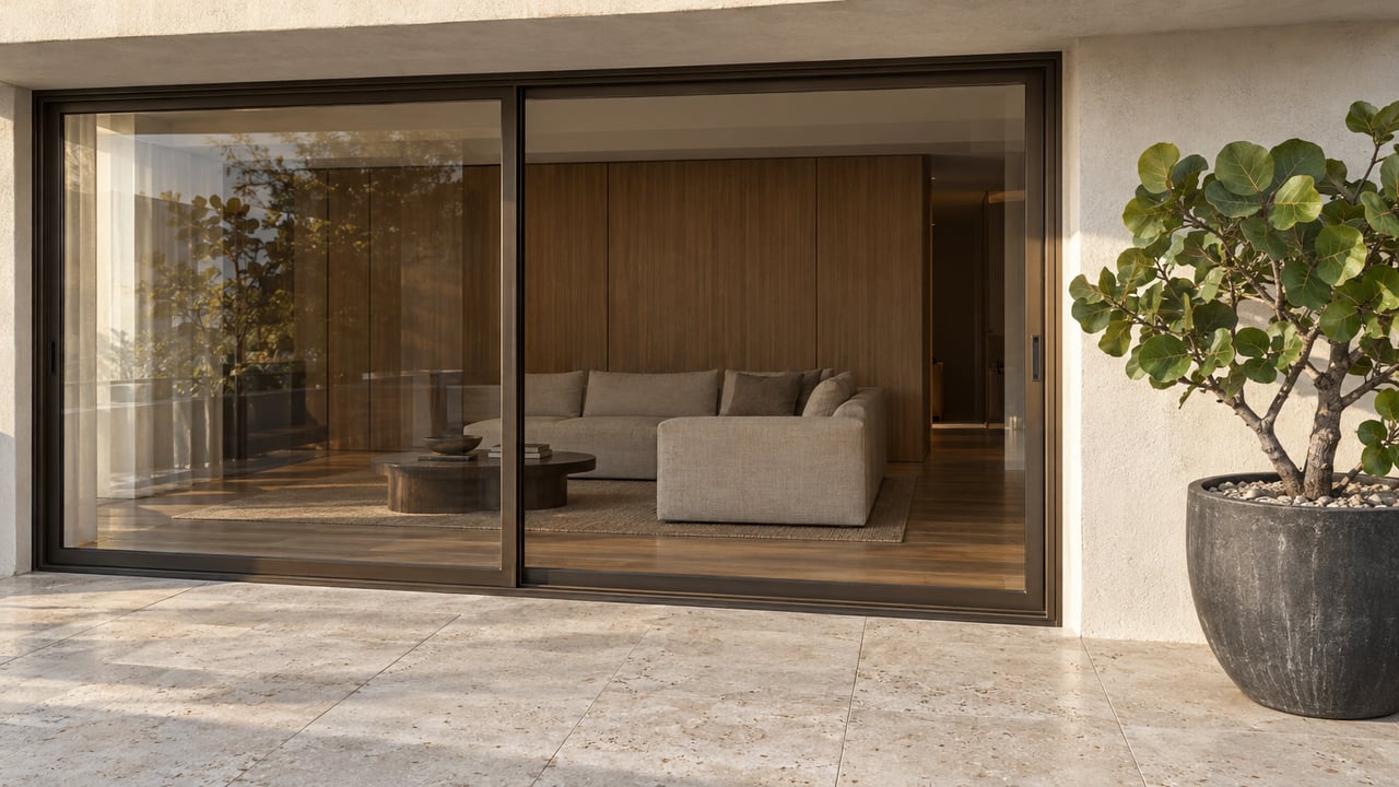 A sunlit limestone terrace with a sculptural sea grape in a charcoal pot beside closed bronze-framed doors to a warm, minimalist living room.
