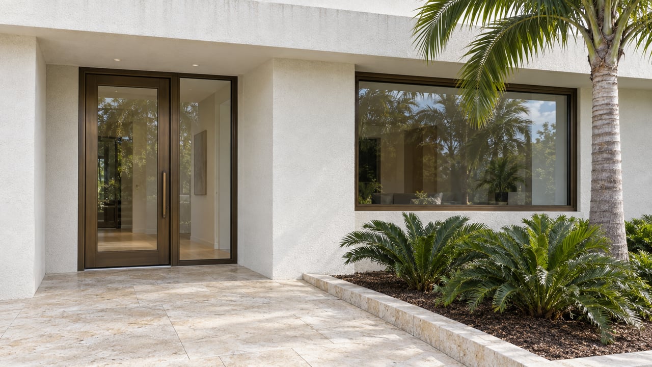 Contemporary white stucco entrance with bronze-framed glass, pale limestone paving and a sculptural palm beside a raised planting bed.