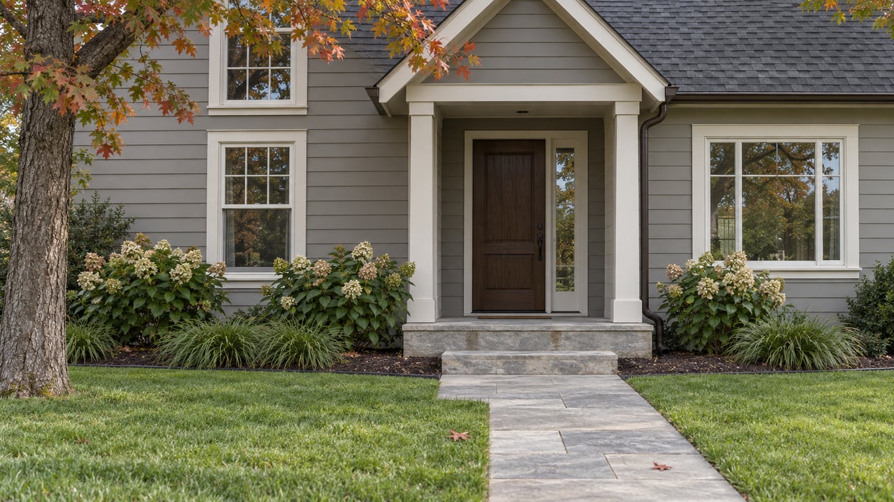 Detached gray-sided house with a dark gabled entry, limestone approach, and copper-leaved oak.