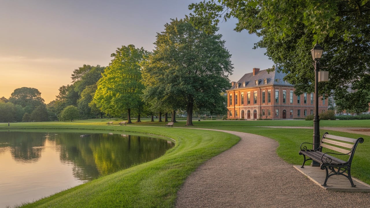 Curved park path beside a reflective pond, leading toward a red-brick mansion and a bench under trees.