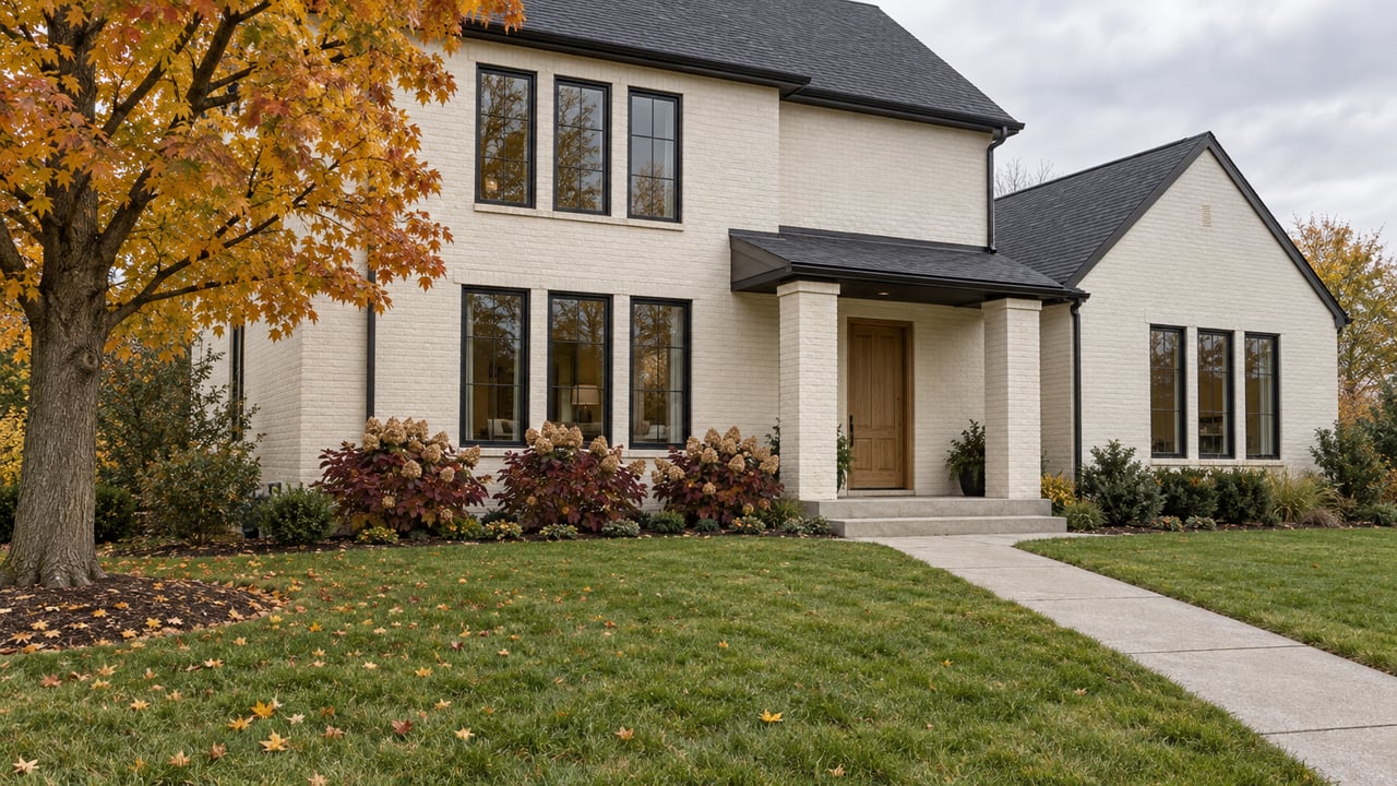 Cream brick home with black-framed windows, a deep front lawn and an amber-leaved maple beside the entry walk.