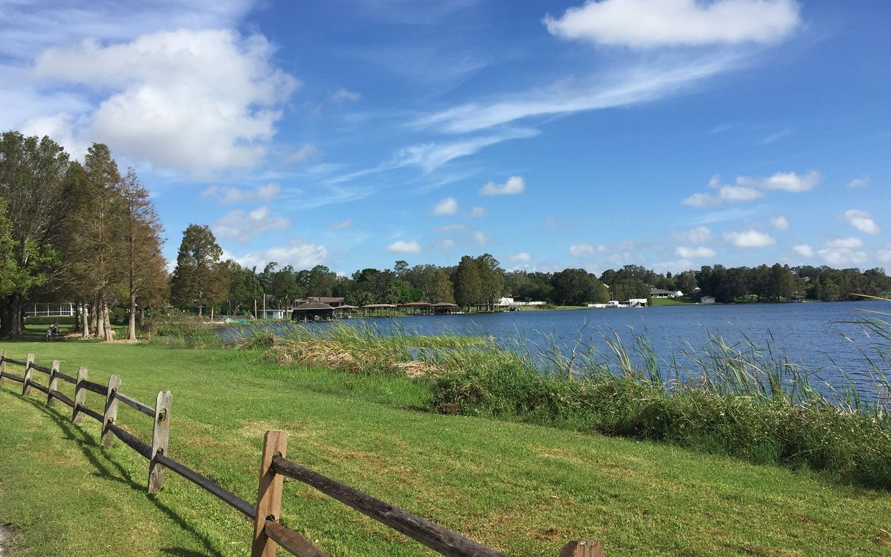 Grassy lakeside park with a wooden fence, shoreline reeds, and homes across the water.