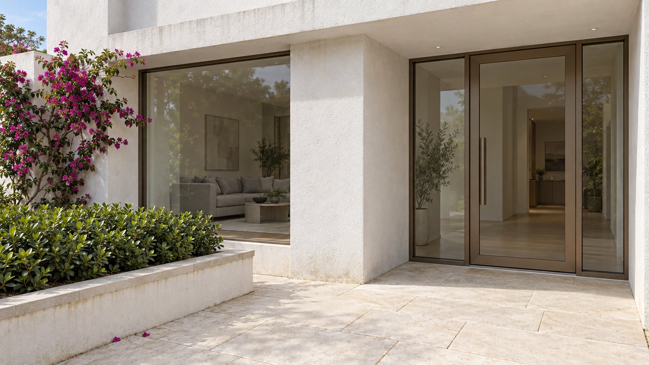 White stucco residential entry with bronze-framed glazing, pale limestone paving, and magenta bougainvillea in a raised planter.