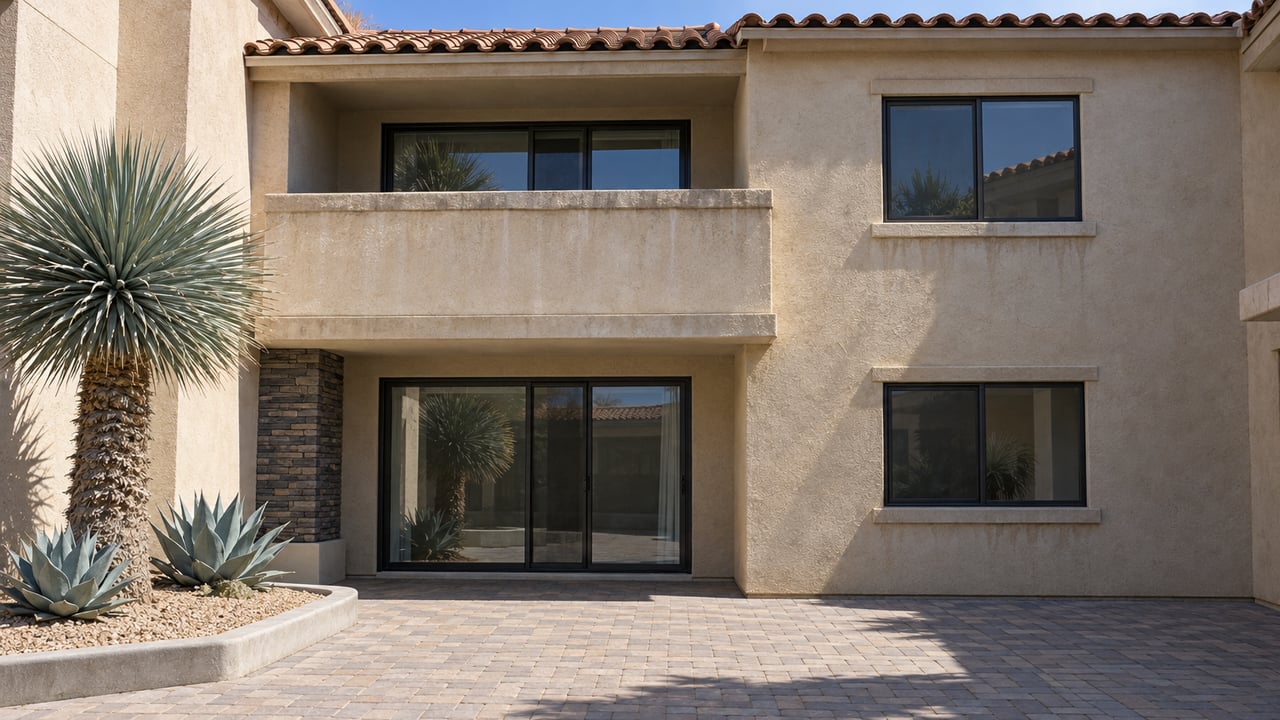 Sunlit sandy-stucco condominium exterior with a recessed balcony, dark-framed glass doors, clay roof tiles and a yucca in a gravel planting bed.