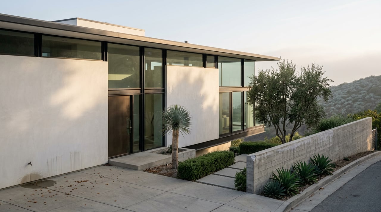 Modern hillside home with stacked stucco-and-glass volumes above a concrete retaining wall and olive tree.