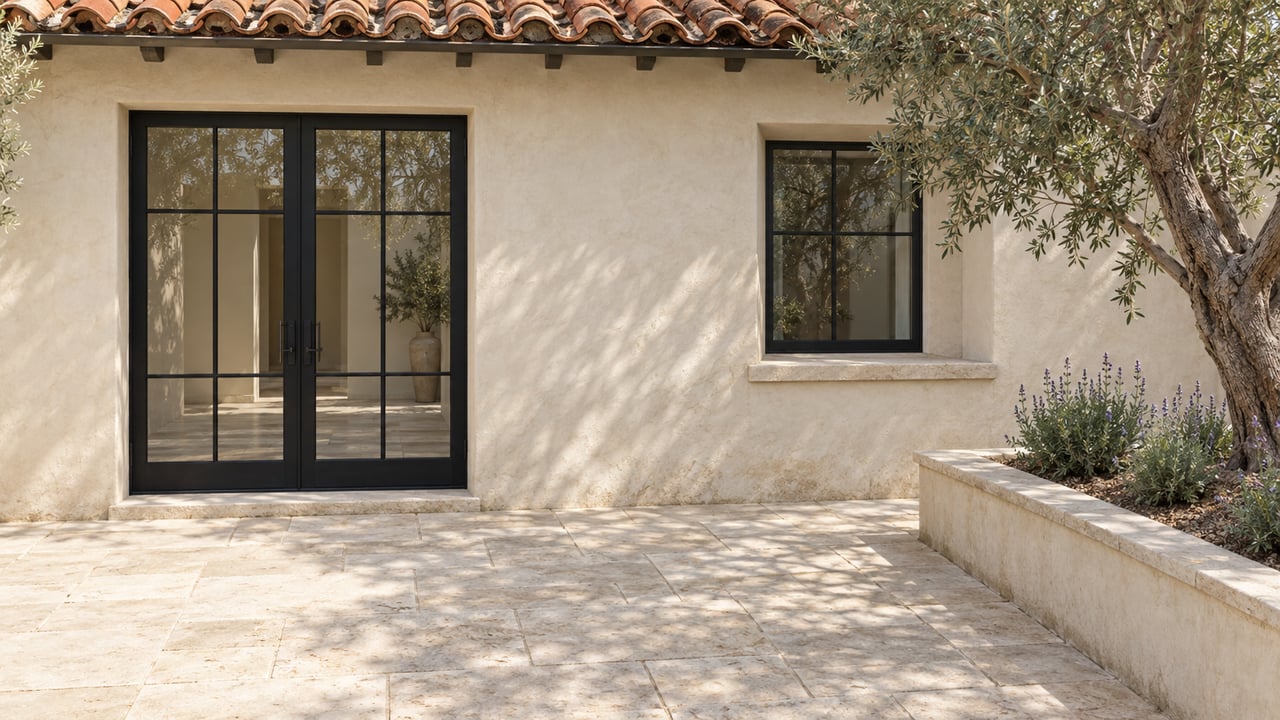An ivory stucco courtyard with terracotta roof tiles, black-framed glazed doors, pale limestone paving and a mature olive tree in a raised planter.
