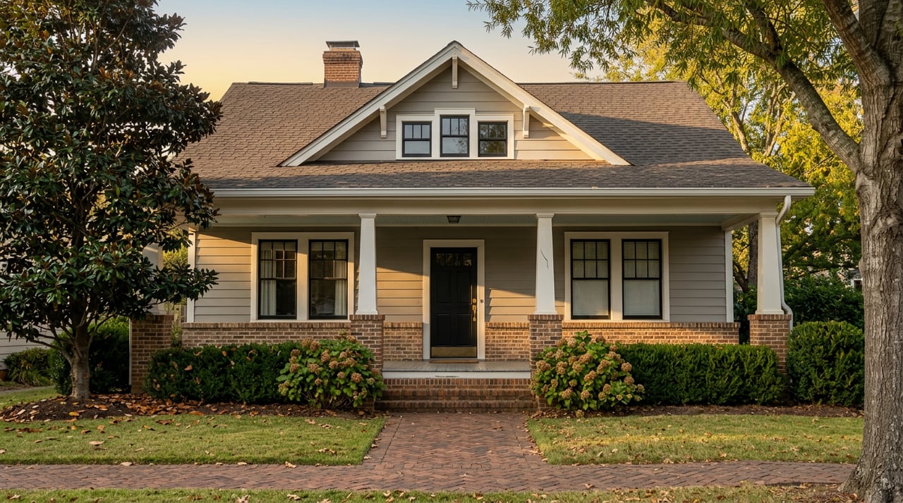 Craftsman cottage with a wide covered porch, brick walkway, magnolia canopy, and golden late-afternoon light.