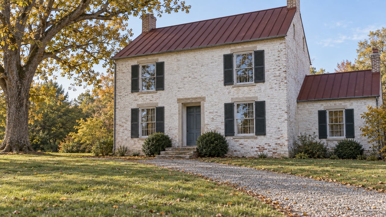 Pale brick country house with a muted-blue entry, gravel approach, broad lawn, and white oak.