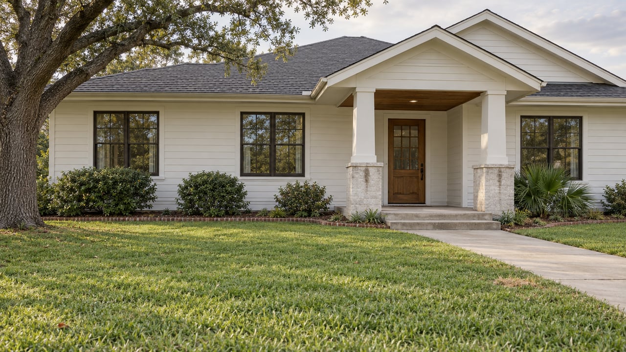 Single-story white-sided home with a covered porch, deep lawn, mature live oak, and a curved concrete front approach.