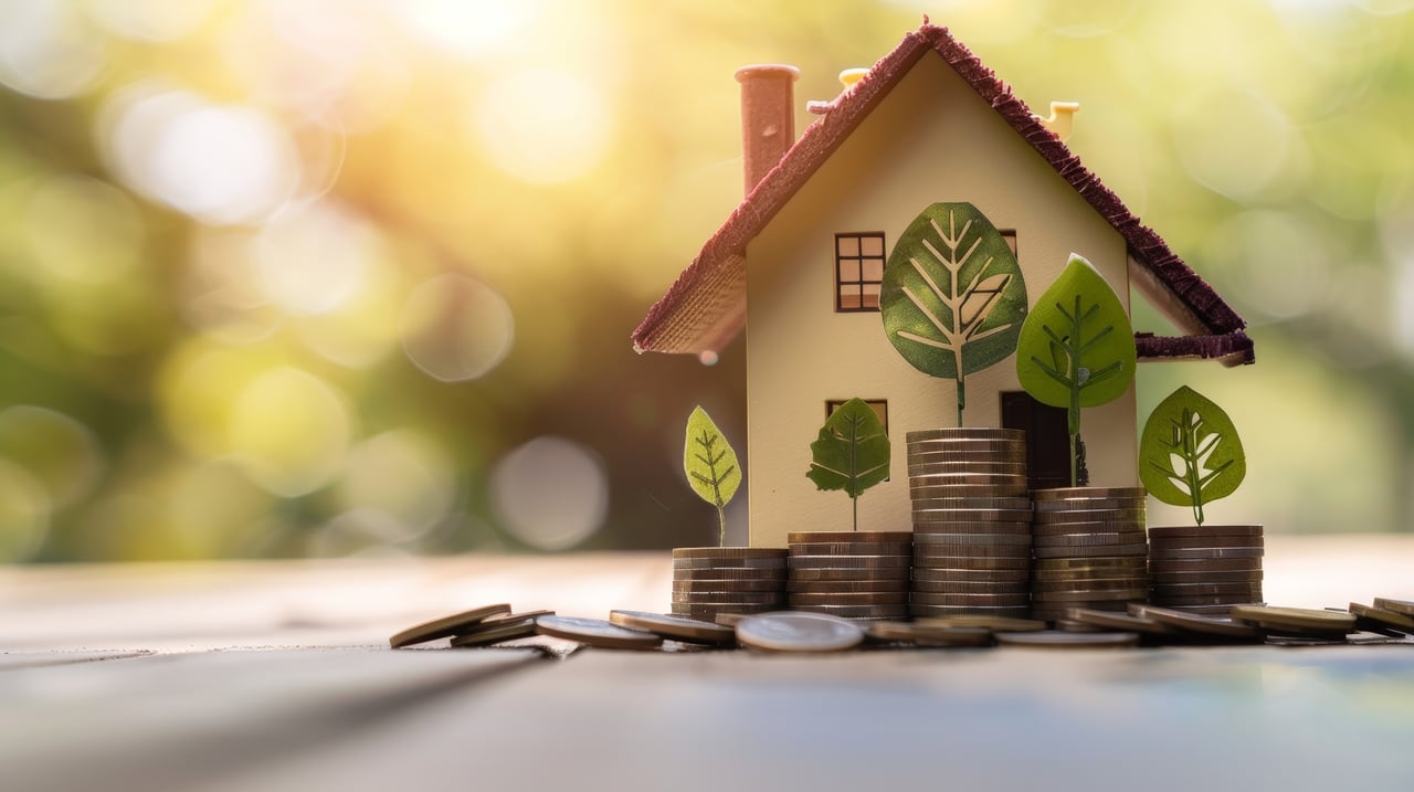 A miniature house on stacks of coins with paper cutout trees, set against a soft-focus background with sunlight filtering through, symbolizes eco-friendly savings and real estate. This scene invites real estate agents to explore sustainable career resources on an innovative platform.