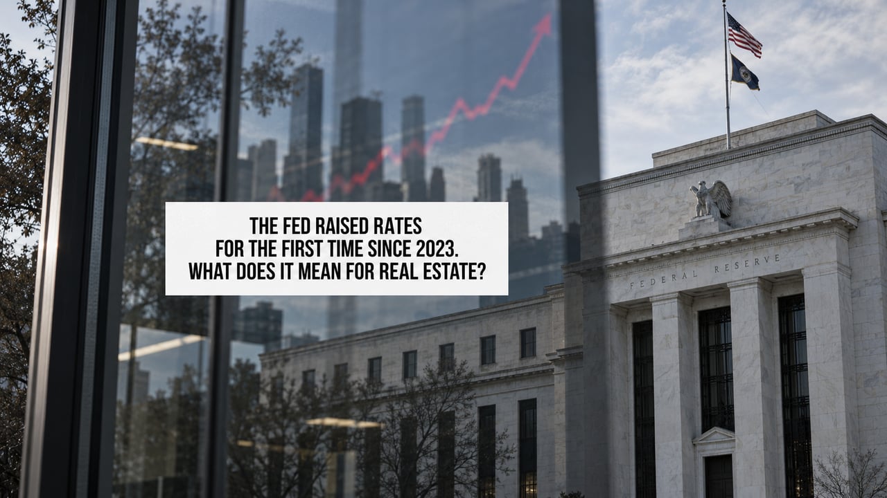 Federal Reserve building with a rising red graph and headline about rate increases and real estate.