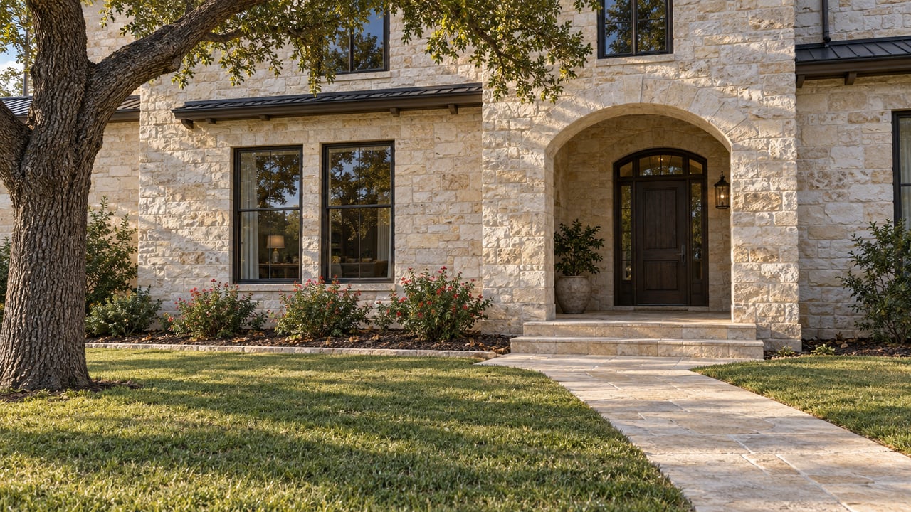 Limestone home with an arched dark-wood entry, deep lawn and a mature live oak in warm afternoon light.