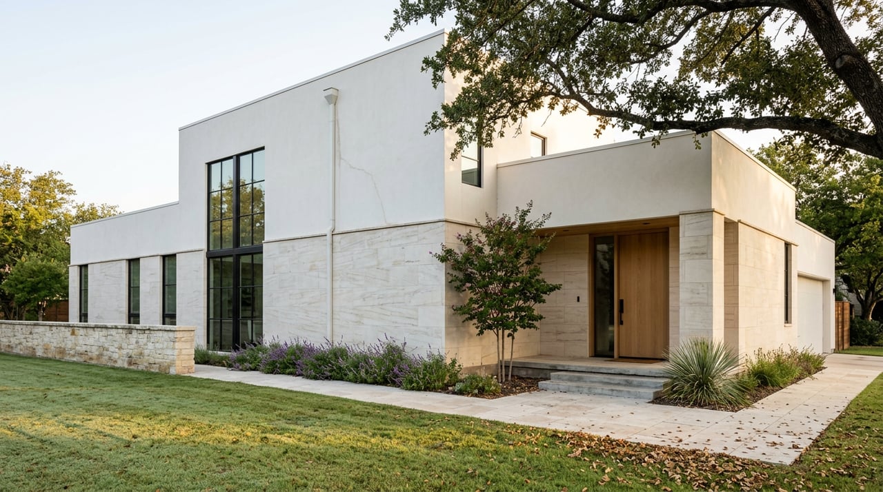 Contemporary home with limestone and plaster walls, black steel windows, and a live oak beside the entry.