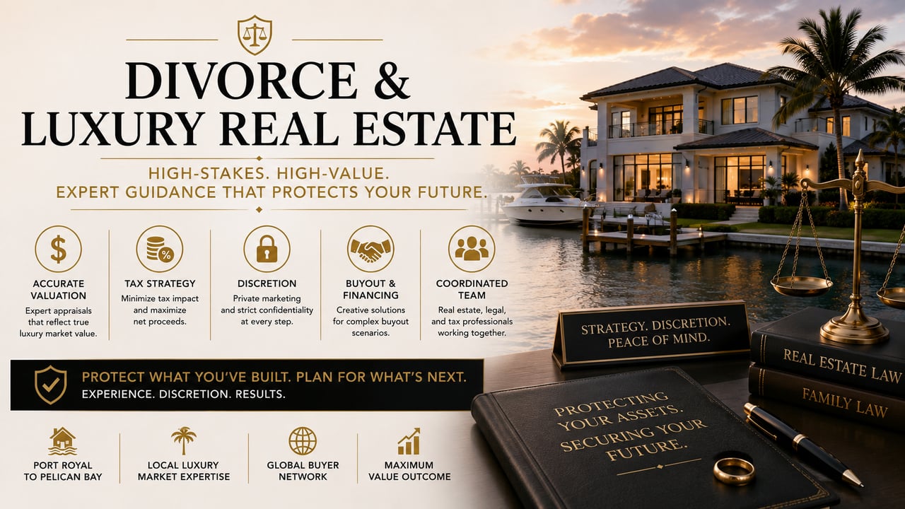 Luxury waterfront estate in Naples, Florida, representing high-net-worth divorce real estate, property valuation, asset division, and discreet home sale strategy.