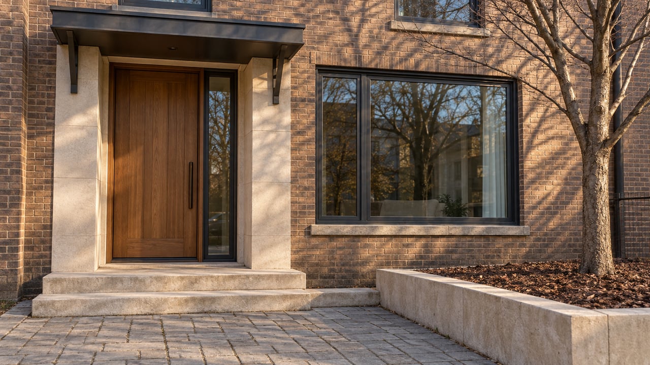 Warm brick residence with a recessed oak entry, limestone steps, dark-framed windows, and one bare maple in a raised stone bed.