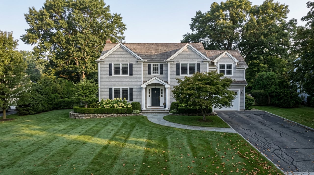 Two-story gray-shingled home with white trim, broad front lawn, bluestone walk, and mature trees.