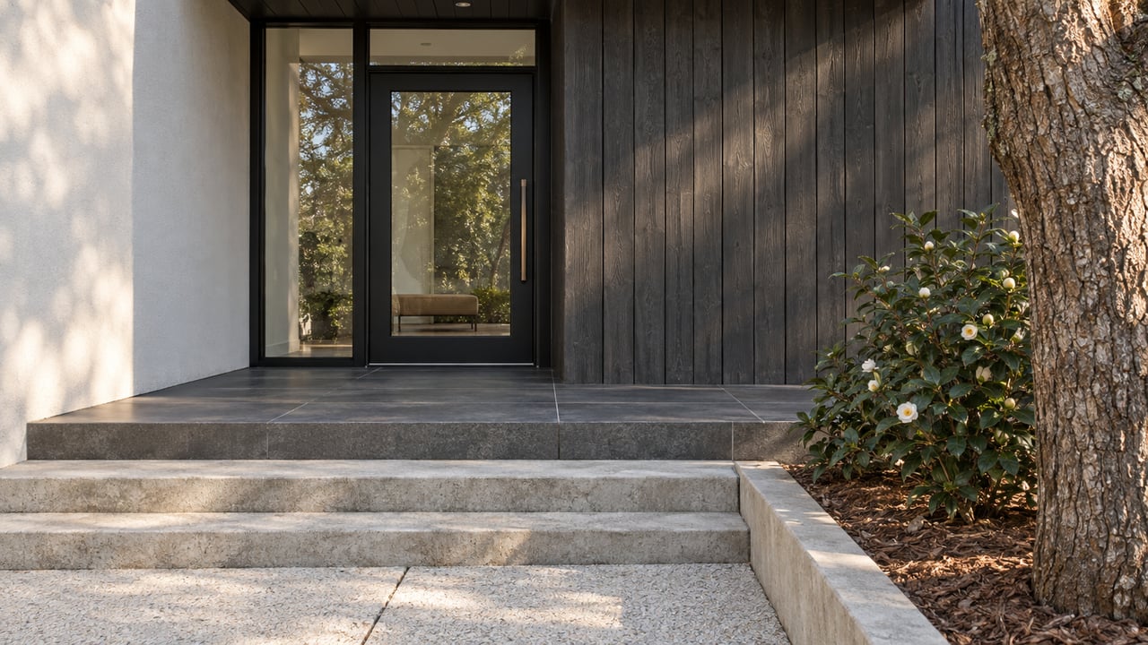 Contemporary home's glazed entrance with charcoal timber siding, dark tiled porch and concrete steps beside a camellia and mature live oak.