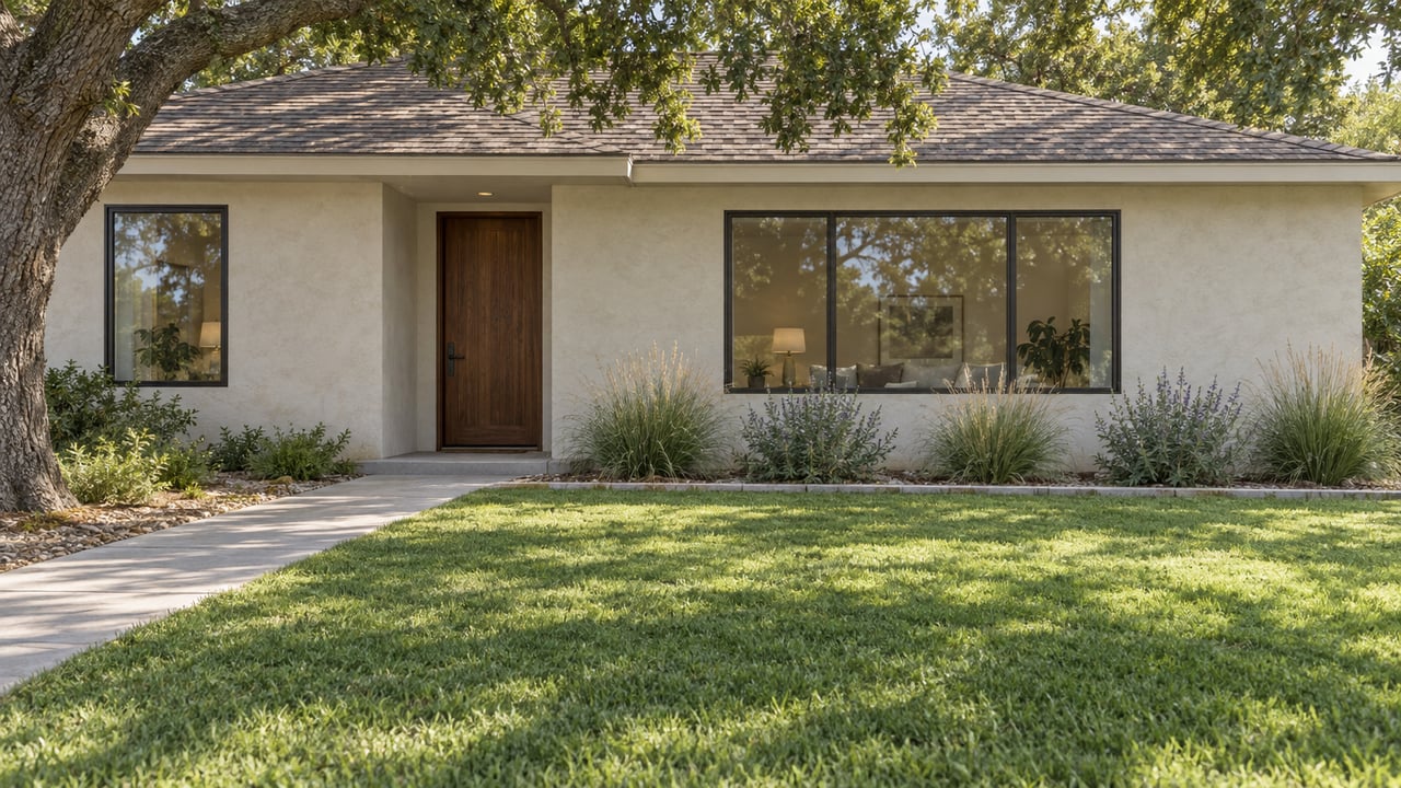 Cream stucco house with a recessed walnut door, broad picture window, concrete path, and oak canopy.