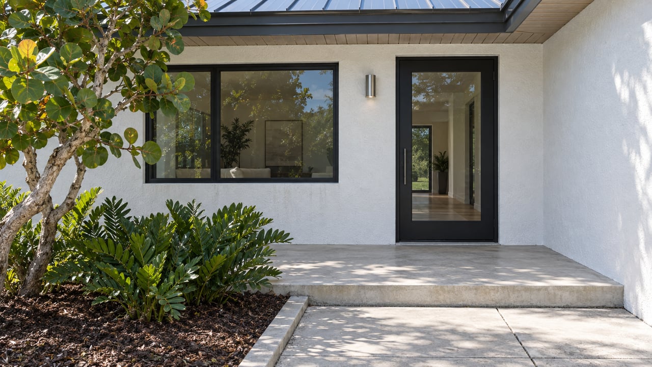 White stucco home entry with a black-framed glass door, pale concrete porch and sculptural sea grape beside coontie planting.