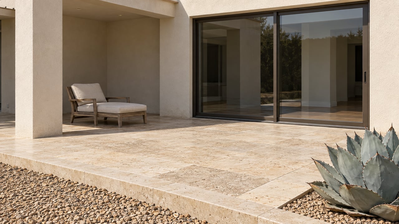 A sunlit desert home's ivory stucco terrace with bronze-framed glass doors, limestone paving, a teak lounge chair and a blue-gray agave.