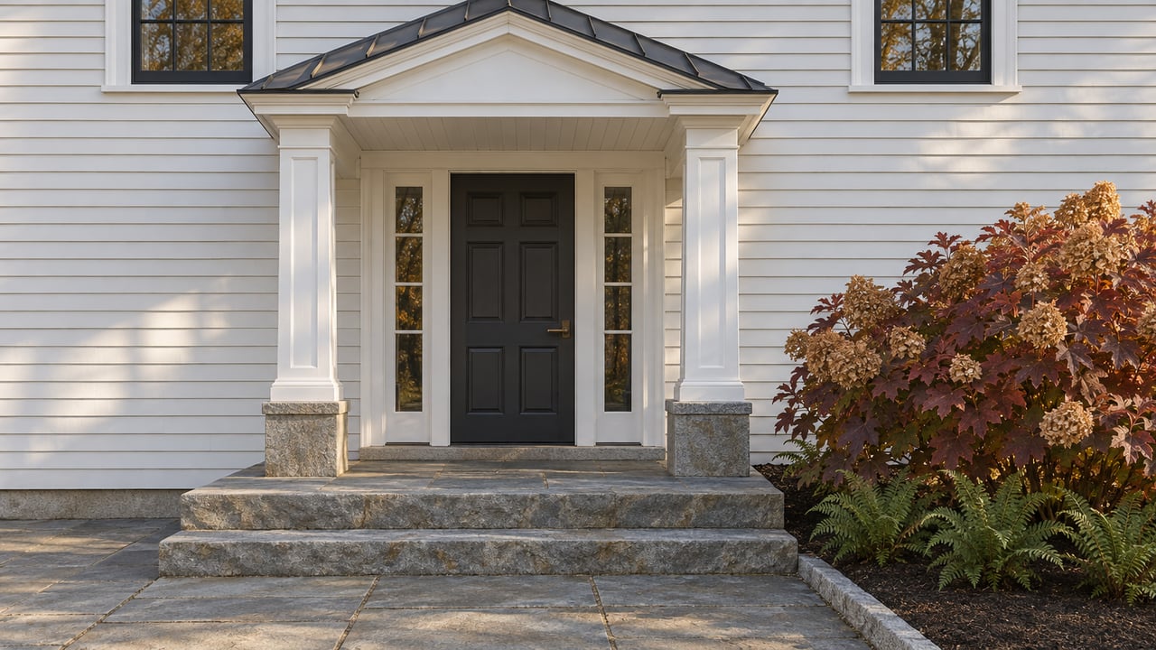 White clapboard home entry with a charcoal door, paired columns, worn bluestone steps and burgundy oakleaf hydrangea.