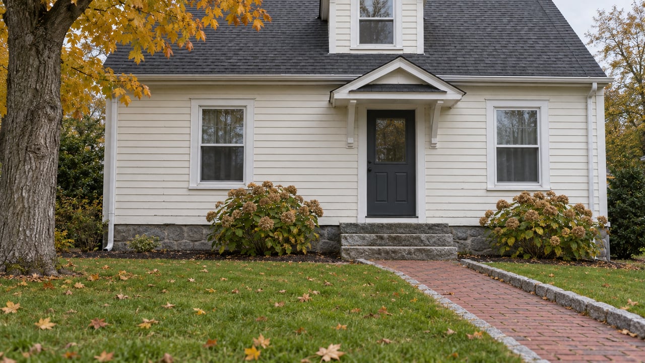 Ivory clapboard house with a charcoal front door, granite steps, brick walkway and autumn planting under soft overcast light.