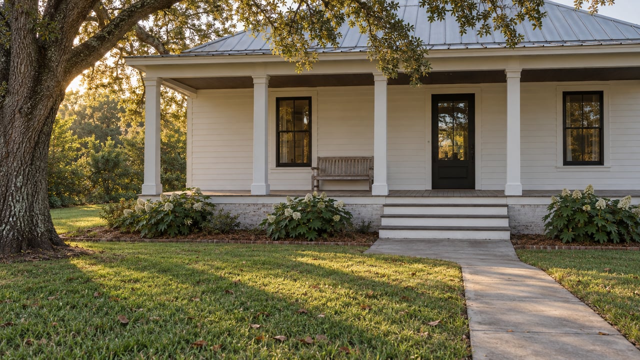 White cottage with a metal gable roof and shaded timber porch beyond a deep lawn, framed by a mature live oak.