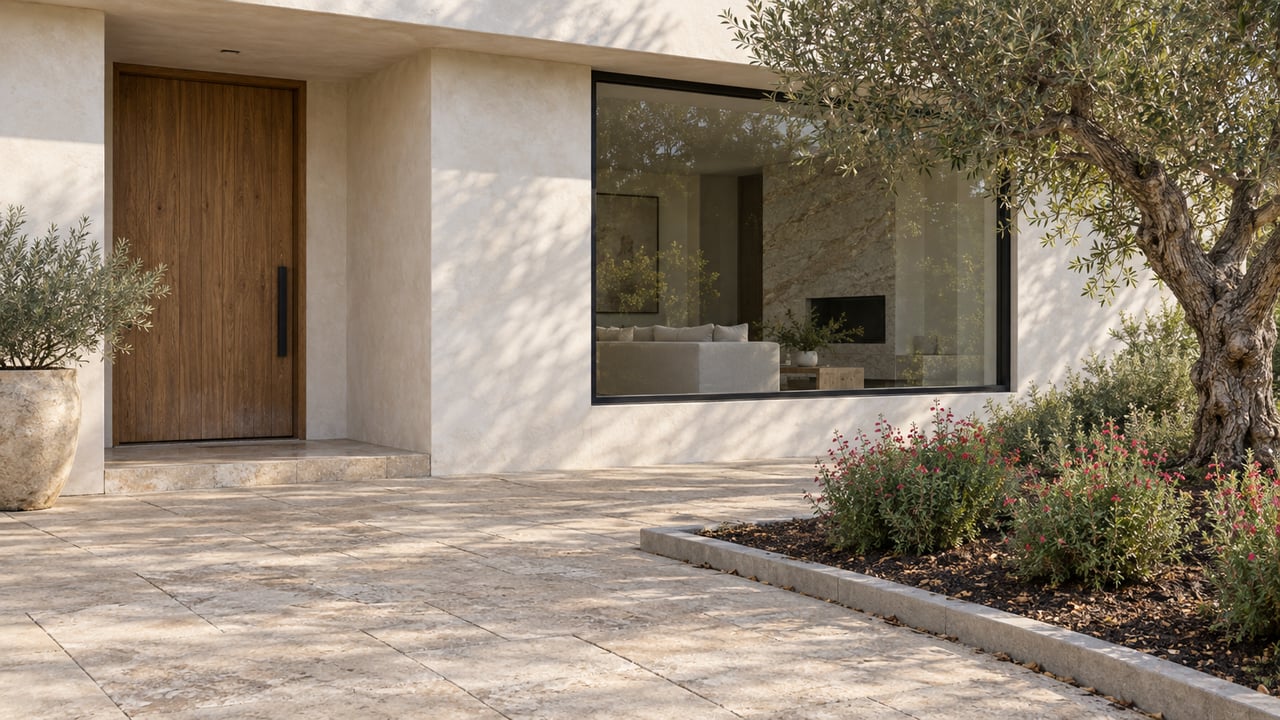 Pale plaster home entrance with a recessed oak door, black-framed window, limestone paving, and an olive tree.