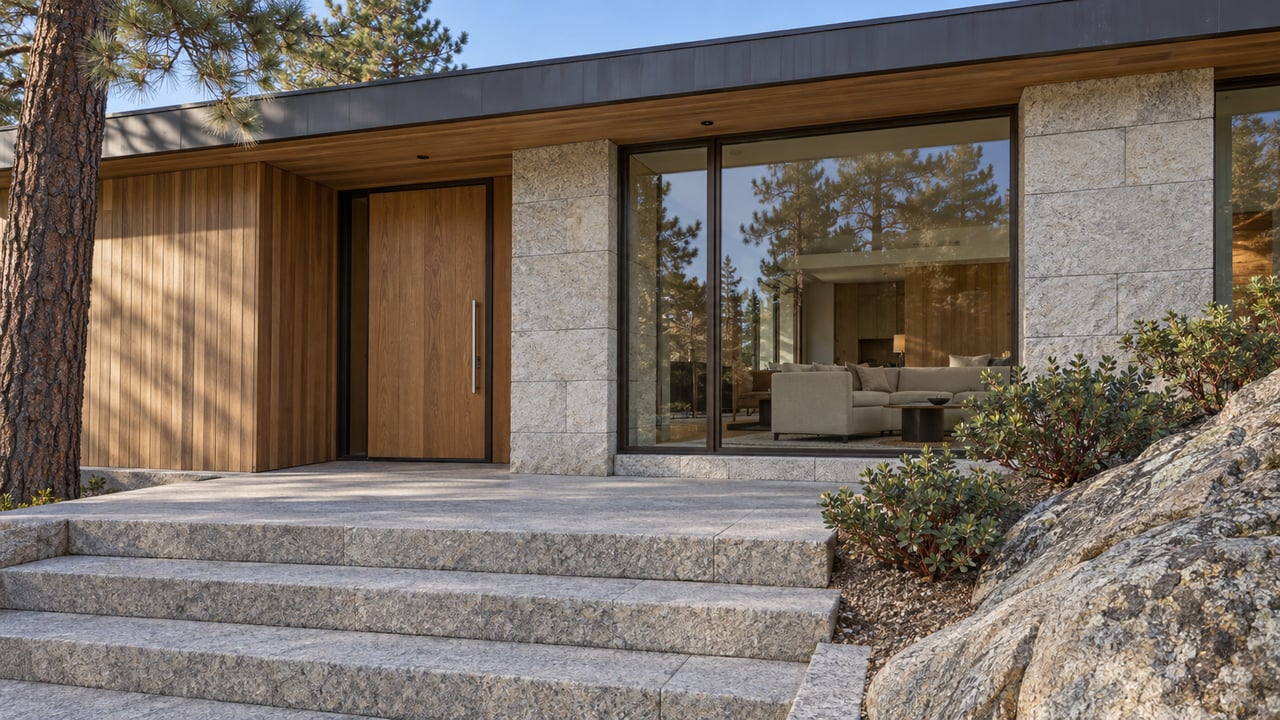 Contemporary wood-and-stone home with broad granite entry steps, bronze-framed glazing and a mature pine on a rocky slope.