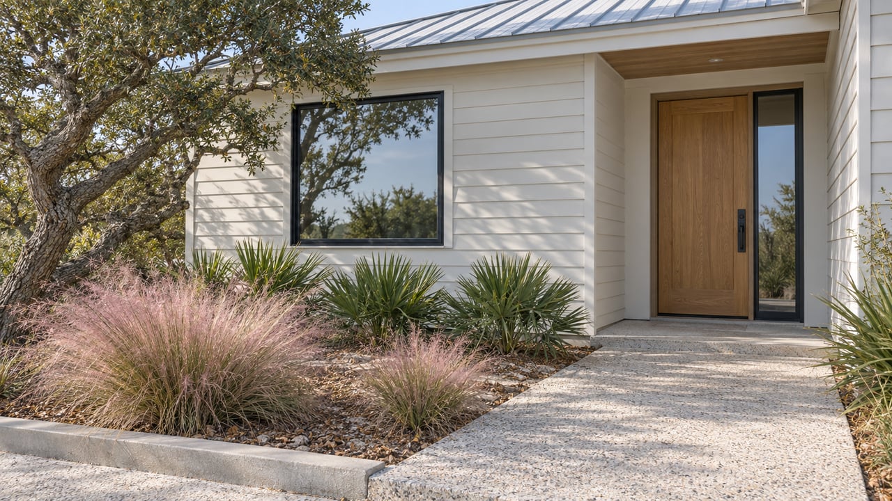 Ivory-sided coastal house with an oak entry, black-framed window, aggregate path, and clustered coastal plants.