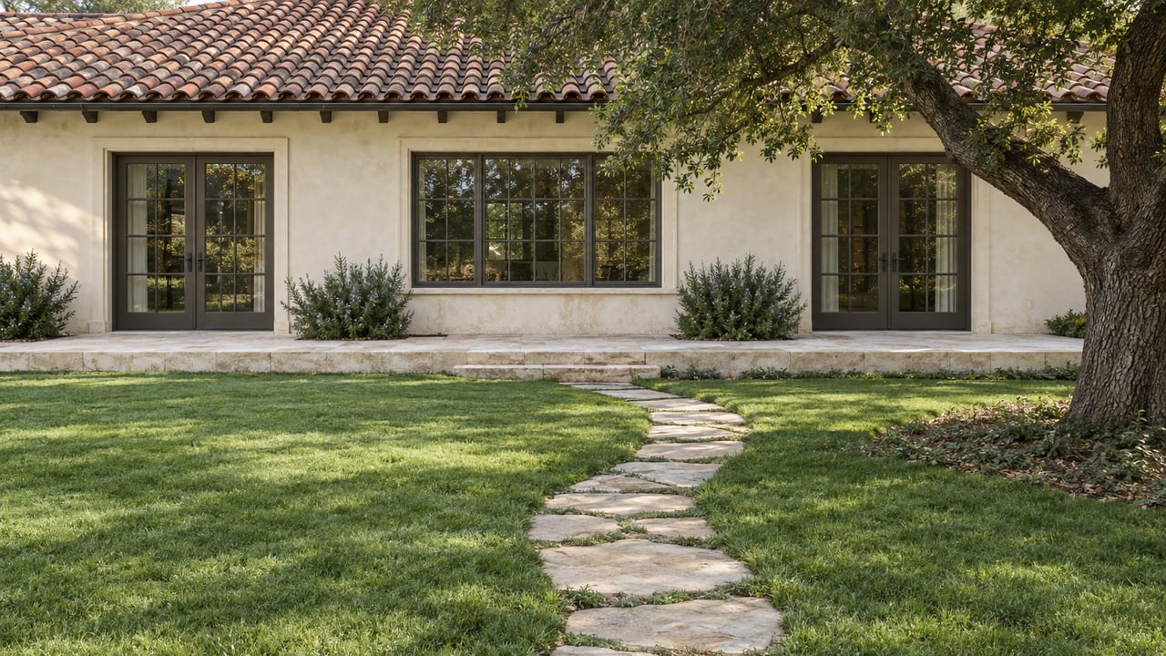 Single-story stucco house with a red-tile roof, limestone terrace, French doors, and a curving lawn path beneath an oak.