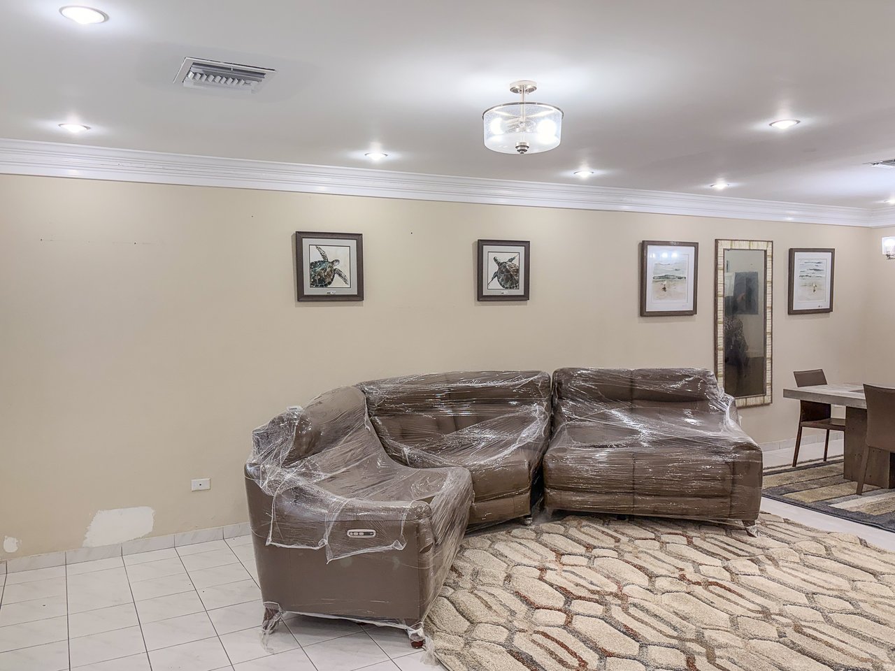 Living room with plastic-wrapped brown seating, a patterned rug, and framed wall art.