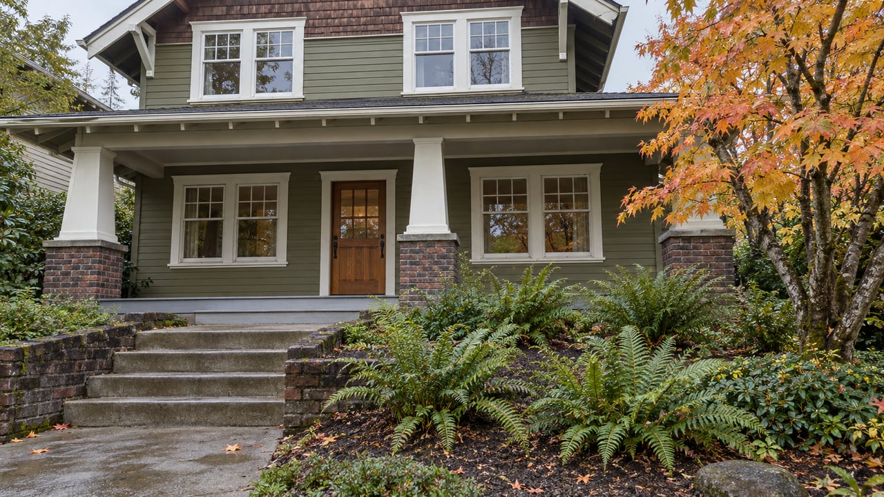 Olive-painted timber home with a covered porch above a terraced autumn garden of vine maple and sword ferns.