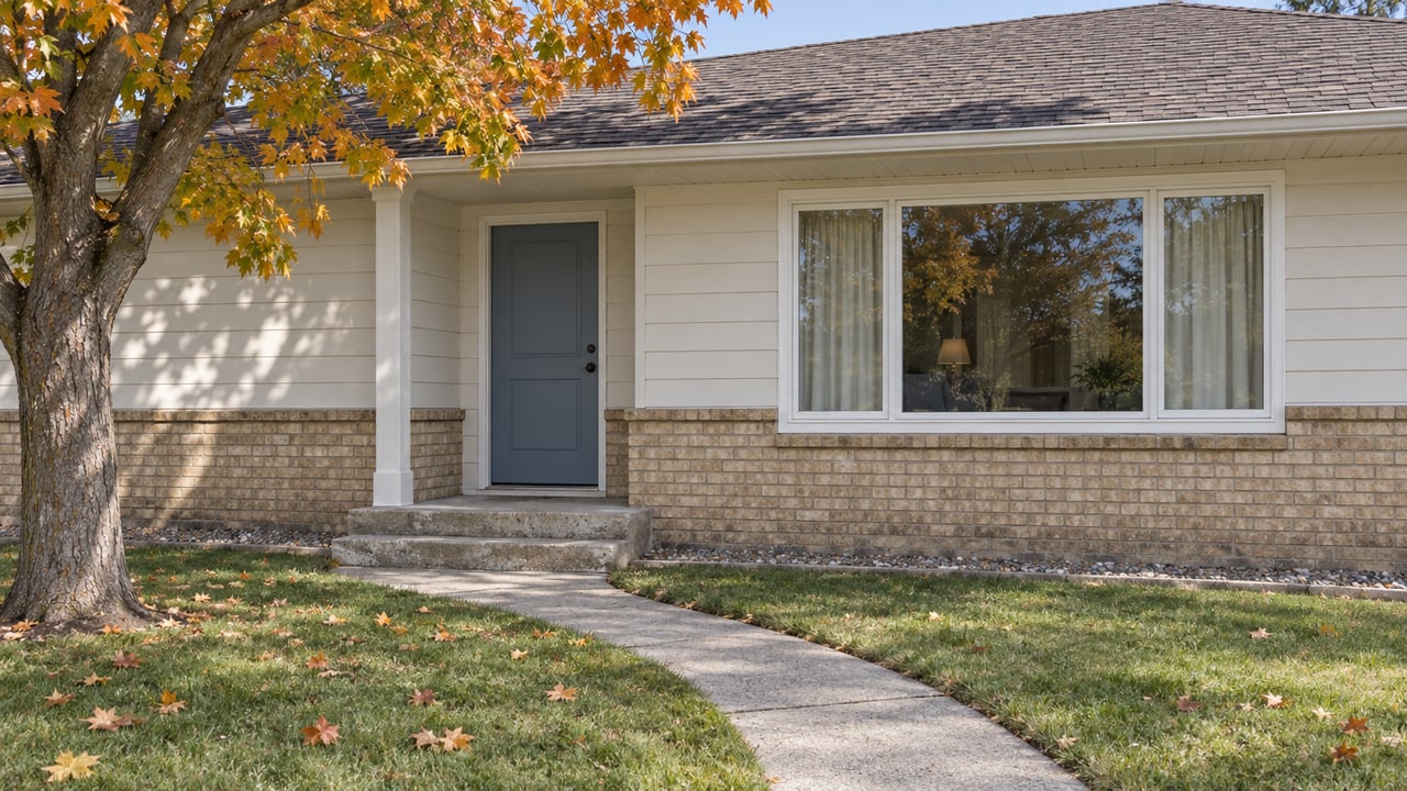 An ivory-sided ranch home with buff brick, a blue-gray front door and a broad window, behind a lawn and concrete walkway beneath an orange-leaved maple.