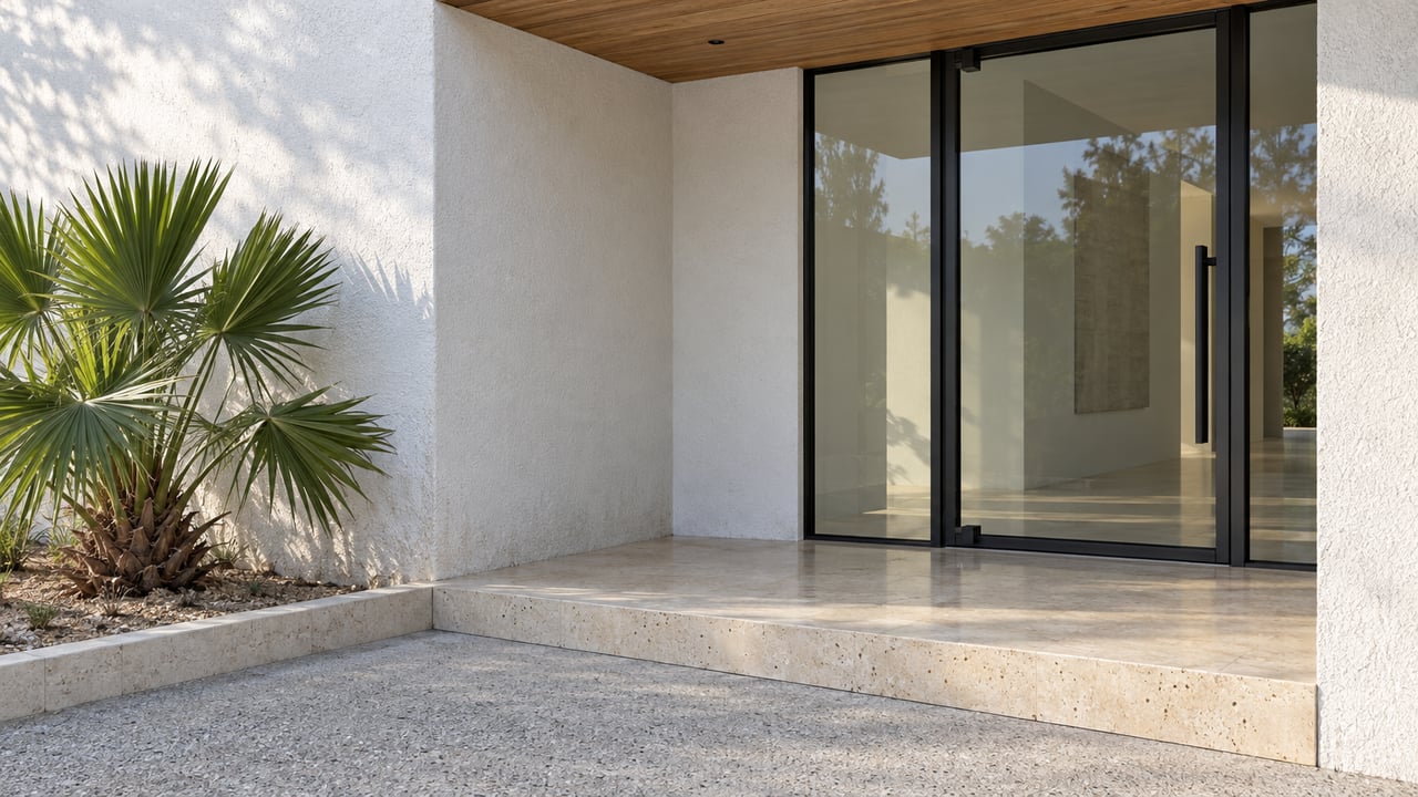 White stucco entrance with a closed black-framed glass door, cypress canopy, pale limestone landing and one dwarf palmetto.