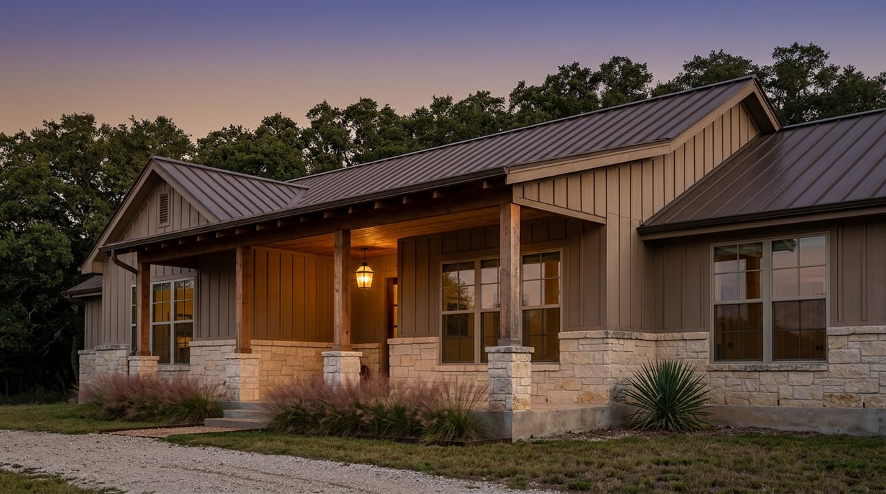 Ranch porch with glowing brass-caged lantern, cedar posts, stone plinths, and pink muhly grass.