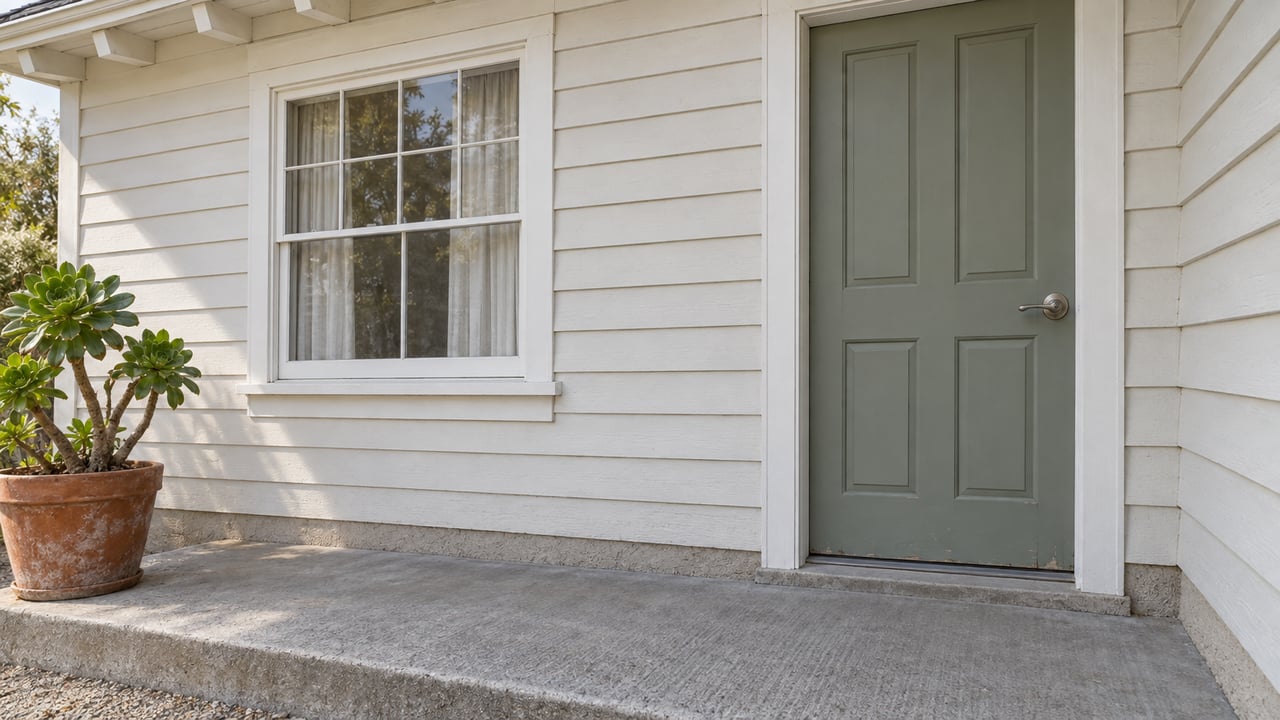 Sunlit white clapboard porch with a sage wood door, sash window, worn concrete landing, and a terracotta pot of branching green aeonium.