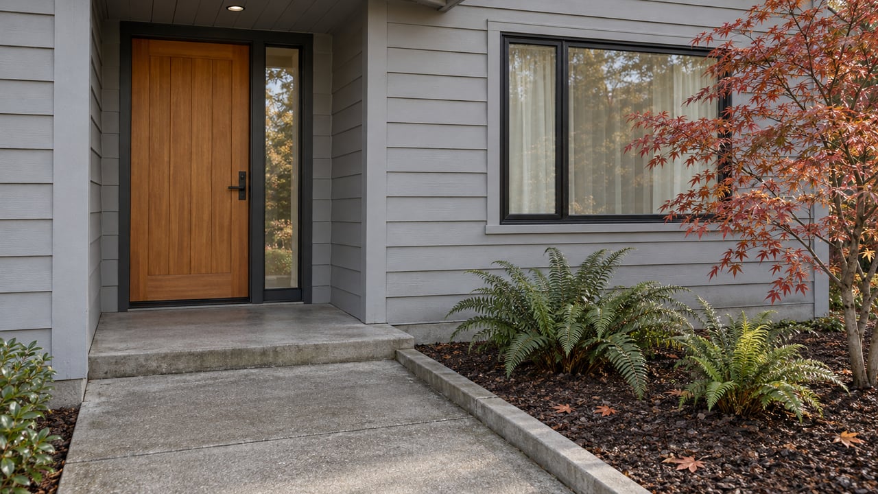 Autumn light on a gray lap-sided home's fir front door, concrete entry path, Japanese maple, and sword ferns.