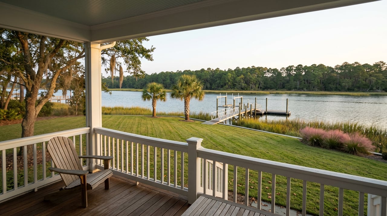 White porch railing overlooks a sloping lawn, weathered dock, marsh grass, and open water.