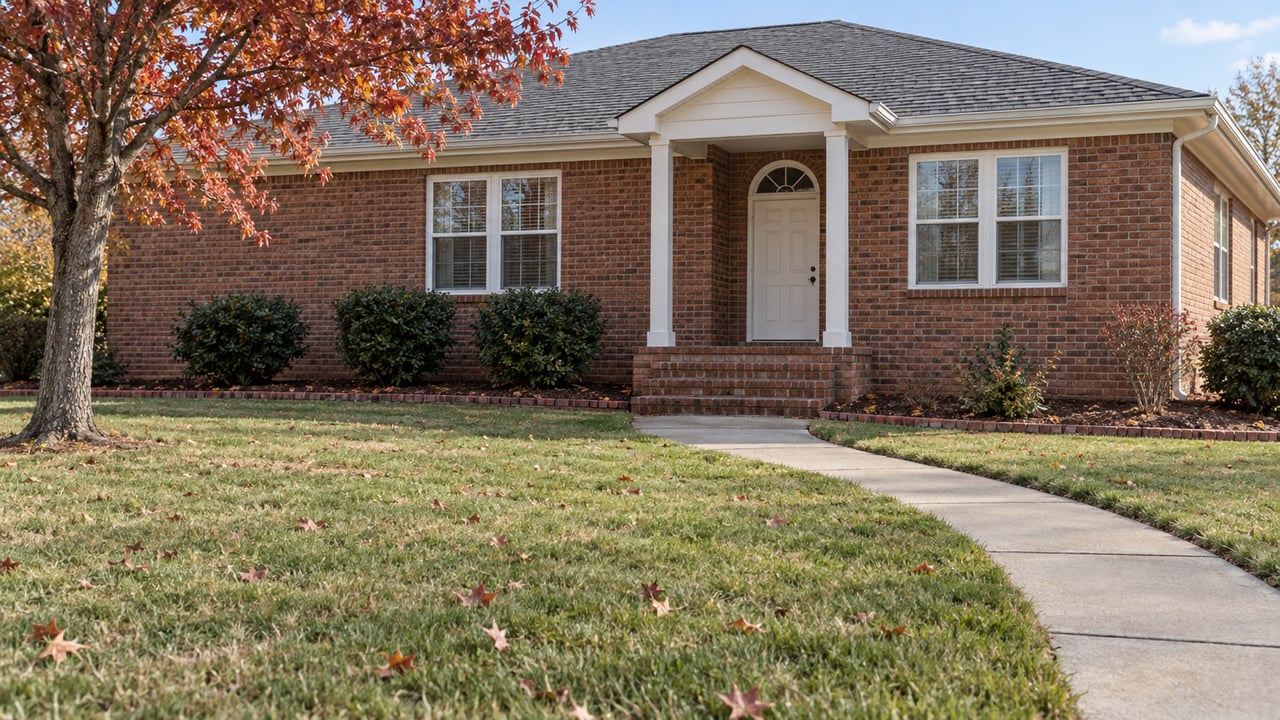Red-brick ranch with a white-columned entry, deep lawn and a red maple carrying late-fall foliage.