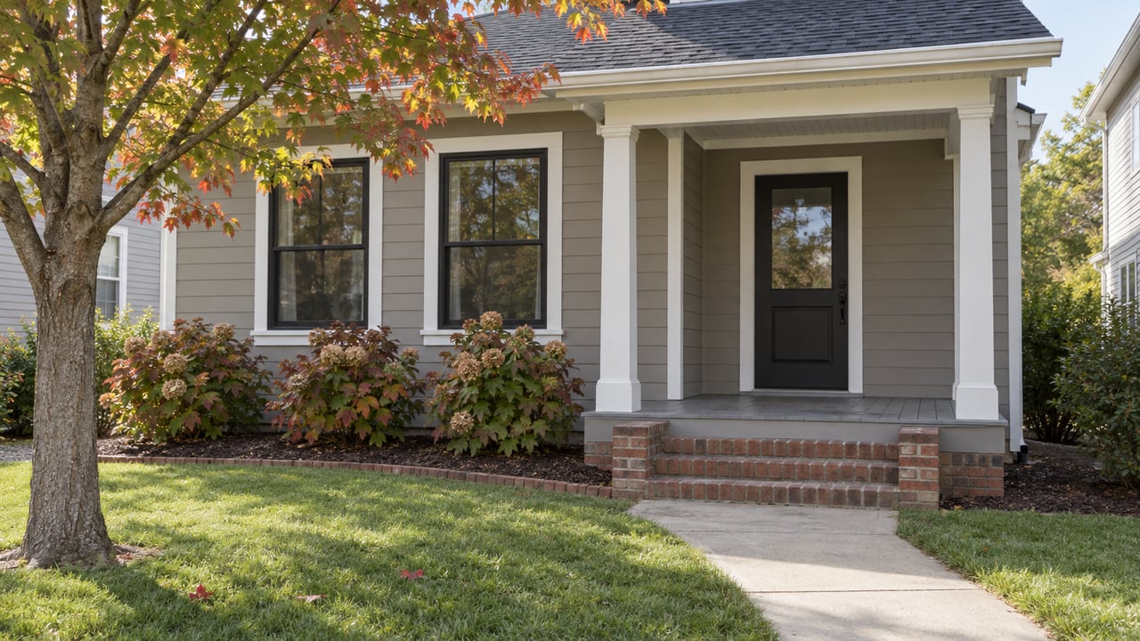 Updated greige house with a black front door, white porch trim, brick steps and a red maple beginning to turn beside the front lawn.
