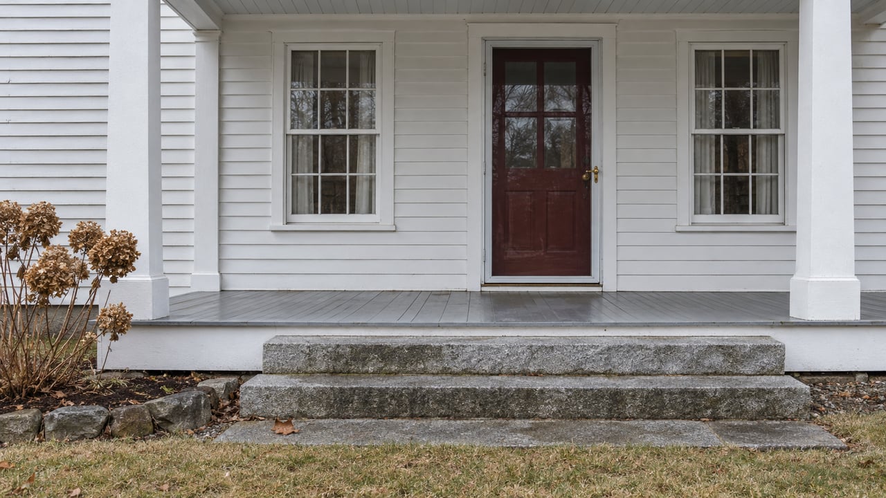 White clapboard house with a sheltered dark red entry, paired multi-pane windows and weathered granite steps in late autumn.