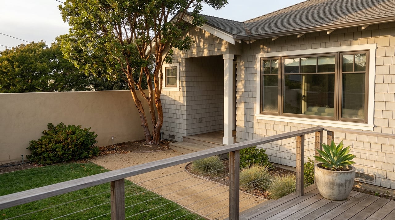 Coastal cottage with a gray shingle corner, cinnamon-barked tree, stucco garden wall, and curving gravel path.