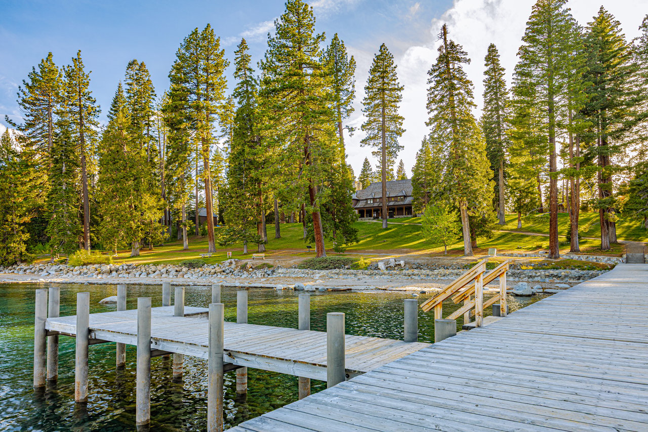 Private pier and moored boat buoys on a lakefront parcel in Incline Village on Lake Tahoe