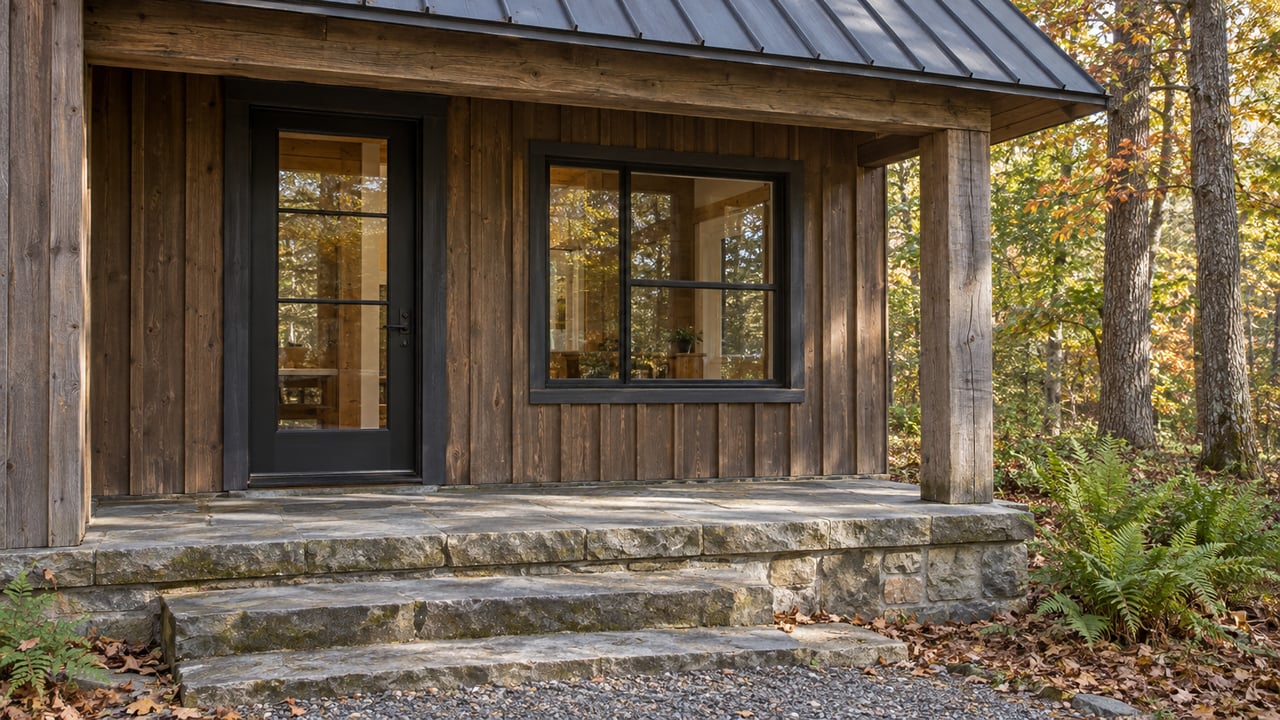 Rustic wood-sided home with a glass entry door and stone porch steps among autumn trees.